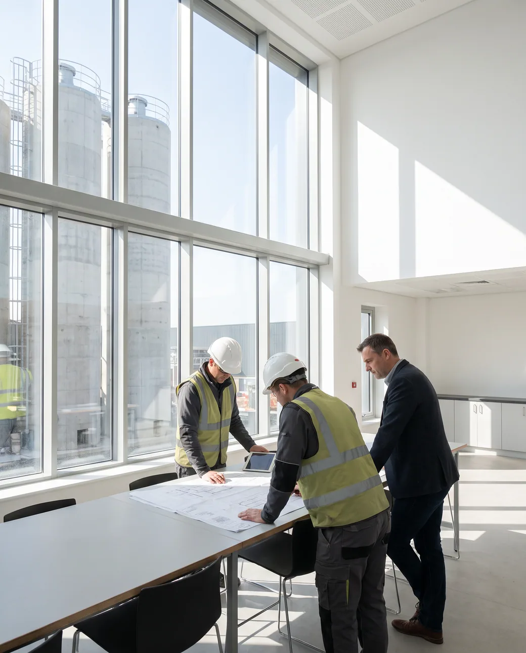 Two engineers in helmets and a manager reviewing drawings in a site office